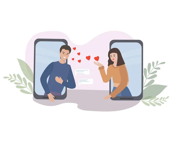 Randevu ve internet iletişimi. Sanal romantik randevu. Karantina sırasında aşk. Birbirine aşık bir çiftle sosyal ağlarda akıllı telefon uygulamaları aracılığıyla görüntülü bir sohbette tanışmak