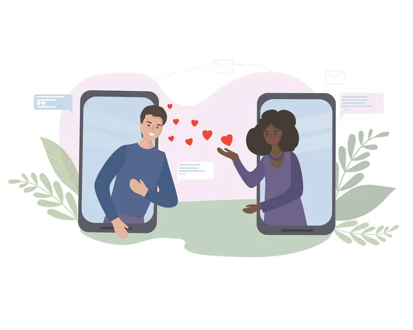 Dating Online Communication Virtual Romantic Date Love Quarantine Meeting Lovers — Stock Vector