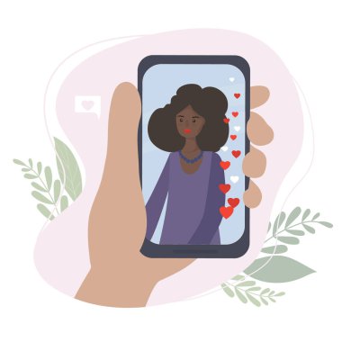 Randevu ve İletişim çevrimiçi. Sanal romantik randevu. Karantina sırasında aşk. Sosyal ağlarda akıllı telefon başvurusu üzerinden görüntülü konuşma yapmak. düz vektör illüstrasyonu.