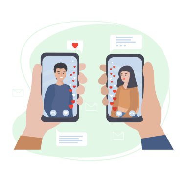 Randevu ve internet iletişimi. Sanal romantik randevu. Karantina sırasında aşk. Birbirine aşık bir çiftle sosyal ağlarda akıllı telefon uygulamaları aracılığıyla görüntülü bir sohbette tanışmak