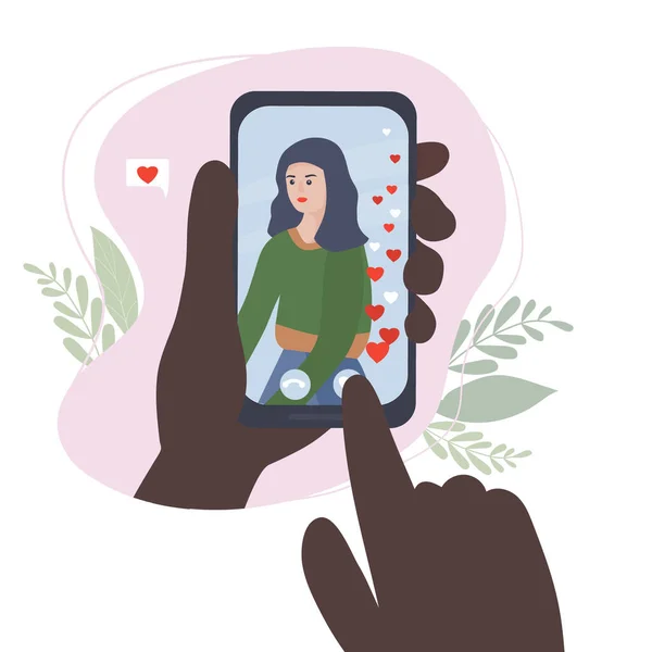 网上约会和交流 虚拟浪漫约会 隔离期间的爱通过社交网络中的智能手机应用程序在视频聊天中相遇 平面矢量插画 — 图库矢量图片