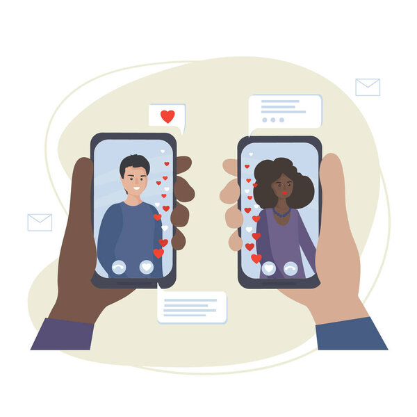 Знакомства и онлайн общение. Настоящее романтическое свидание. Любовь во время карантина. Встреча влюбленной пары в видеочате через приложения для смартфонов в социальных сетях