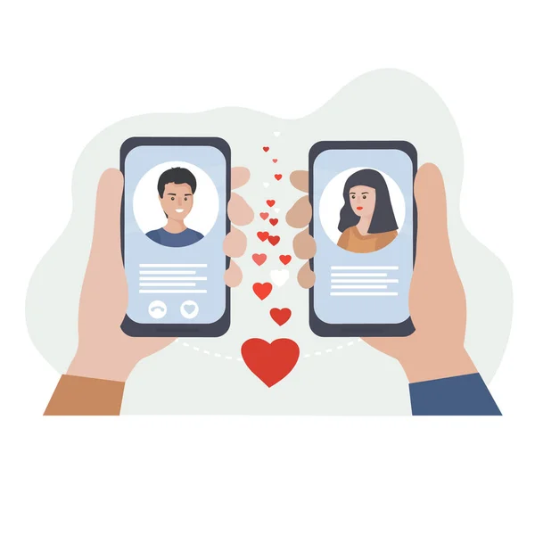 日付とオンライン通信 ロマンチックなデートだ 隔離中の愛 ソーシャルネットワークのスマートフォンアプリを介してビデオチャットで恋にカップルを満たす — ストックベクタ