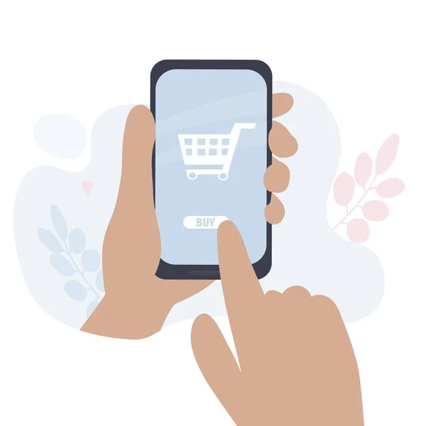 İnternetten alışveriş. Satın almayı seçerken elinde akıllı telefon vardı. Online mağaza konsepti. Araba ikonu, mallar için online ödeme. Düz tasarım, vektör illüstrasyonu.