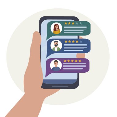Akıllı telefon elinde. Ekranda müşteri değerlendirmeleri içeren mobil bir uygulama var. Satıcıların ve zanaatkarların hizmet tanımlarıyla değerlendirilmesi. Satıcının çevrimiçi seçimi. sanal iletişim