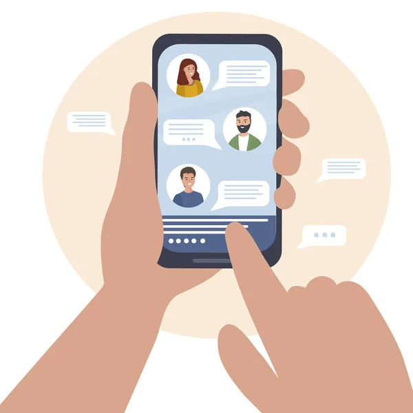 Mobil uygulamayı kullanan bir grup insan arasında çevrimiçi iletişim, haberci. Akıllı telefonunda grup sohbeti. Telefon ellerde. Karantina sırasında internette konuşuluyor. Vektör