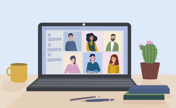 Bir grup insan internetten birbirleriyle iletişim kuruyor. İş görüşmesi. Dizüstü bilgisayardaki arkadaşlarla video konferansı. Sanal toplantı için iş yeri. Karantina sırasında sosyal uzaklık. vektör düzlüğü