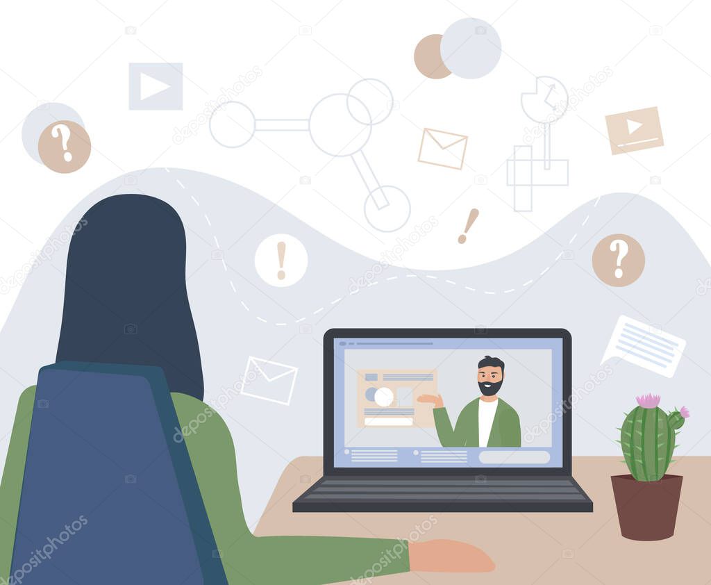 Woman works remotely. Listens to lectures and learns. Homeworkplace with a table and a laptop. Virtual communication. Online education, consultation with a specialist. Vector flat illustration.