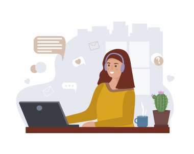 Kadın evde çalışıyor, serbest çalışıyor. Bilgisayar ekranından sanal iletişim. İnternette eğitim, dizüstü bilgisayar öğrencisi. Ev ödevi. Müşteri hizmetleri çalışanı. Vektör düz resimleme