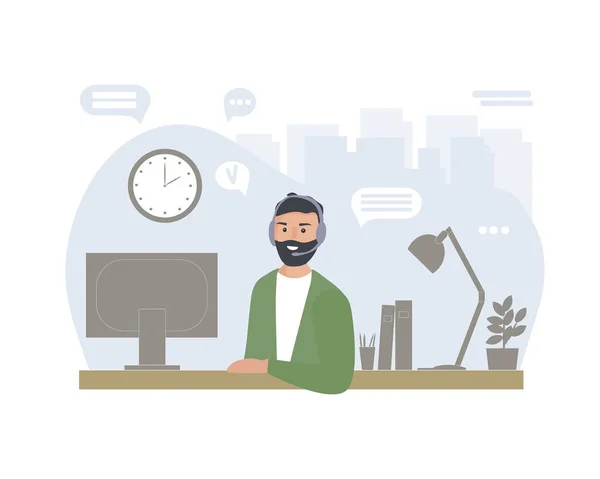 Adam evde çalışıyor, serbest çalışan biri. Bilgisayar ekranından sanal iletişim. İnternette eğitim, okurken bir öğrenci, bir webinar ya da konferans sırasında. Ev ödevi. Müşteri hizmetleri çalışanı. Vektör düz resimleme