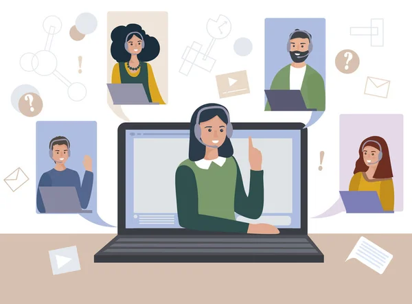 Ekip çalışanları bir video konferansında konuşuyor. Arkadaşlarla çevrimiçi buluşma, karantina sırasında sanal iletişim. Çevrimiçi eğitim, seminer ya da öğrenci web sitesi. düz vektör