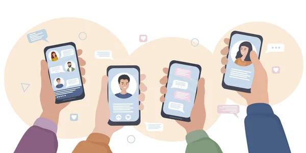 Akıllı telefonlu eller. İnsanlar sosyal ağlar ve mesajlarla iletişim kuruyor, sohbet ediyor, çevrimiçi mesajlar yazıyor ve video çağrıları kullanıyor. Mobil uygulamalar ve internet teknolojileri. düz vektör