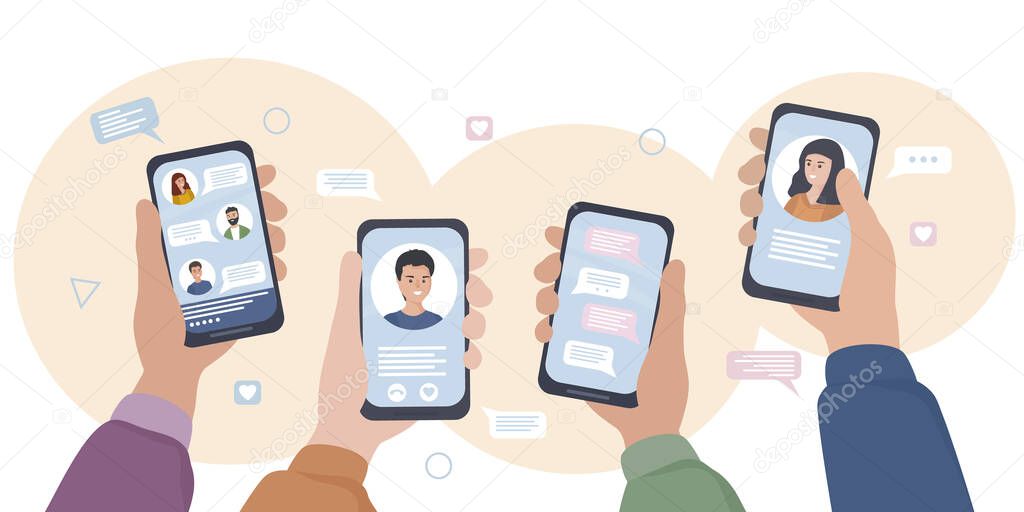 Hands with smartphones. People communicate in social networks and messengers, chat, write online sms, and use video calls. Mobile applications and Internet technologies. flat vector