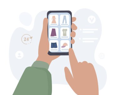 Akıllı telefonlu eller mobil uygulamalar aracılığıyla online alım yapıyorlar. Adam internetten sipariş veriyor, bir şeyler seçiyor. Güvenlik alışverişi. Vektör düzlüğü