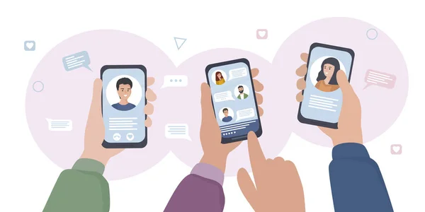 Manos Con Smartphones Las Personas Comunican Redes Sociales Mensajeros Chatean — Archivo Imágenes Vectoriales
