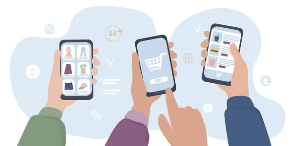 Akıllı telefonları olan eller internetten alışveriş yapıyor. İnsanlar sipariş verir, dükkanlardan bir şeyler ve ürünler seçer, restoranlarda yemek yerler. İnternet üzerinden mobil uygulamanın tamamlanmış siparişlerini ödüyorlar..