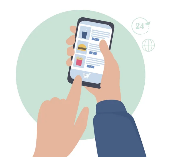 スマートフォンを持つ手は モバイルアプリケーションを介してオンラインで購入を行います オンラインストアで注文し 商品を選択し レストランで食べ物を選択します 安全で快適なショッピング ベクトル — ストックベクタ