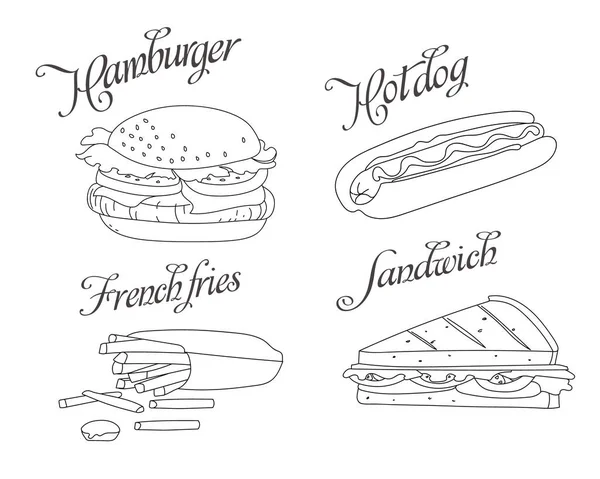 Векторный Скетч Фаст Фуда Ручной Рисунок Гамбургера Хот Дога Сэндвича — стоковый вектор