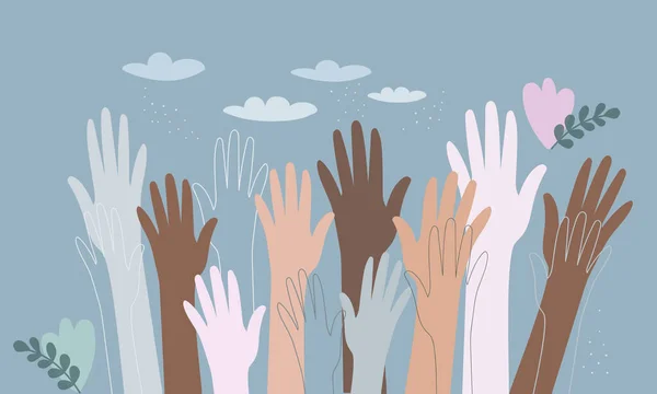 Farklı milletlerden insanların elleri. Ten rengi insanlardan oluşan birleşik bir topluluk. Kültürel ve etnik çeşitlilik. İnsanlar arasındaki dostluk ve barış kavramı