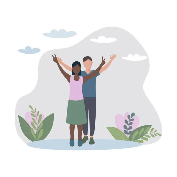 Une Paire Amoureux Les Mains Air Dans Rue Symbole Victoire — Image vectorielle