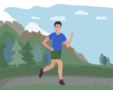 Bir adam dağlarda dışarı koşar. Sokakta spor eğitimi. Bir koşucu hareket halinde. Maraton ve dışarıda uzun koşular. Her gün koşmak ve spor yapmak. Rahat spor giyim.