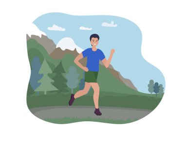 Bir adam dağlarda dışarı koşar. Sokakta spor eğitimi. Bir koşucu hareket halinde. Maraton ve dışarıda uzun koşular. Her gün koşmak ve spor yapmak. Rahat spor giyim.