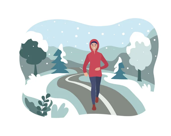 Женщина Бежит Зимнем Парке Спортивная Тренировка Улице Снегу Бегун Движении — стоковый вектор