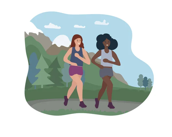 Дві Жінки Бігають Надвір Горах Спортивна Підготовка Вулиці Бігуни Ходу — стоковий вектор