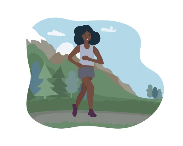 Mujer Negra Africana Corriendo Afuera Las Montañas Entrenamiento Deportivo Calle — Vector de stock
