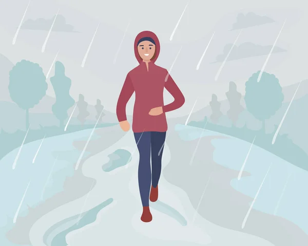 Женщина Бежит Парке Дождем Снегом Спортивная Тренировка Улице Бегун Движении — стоковый вектор