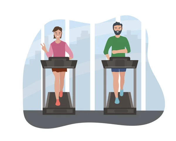 一对夫妇的男人和女人在跑步机上 每天体育锻炼 健康的生活方式 在大城市的背景下在健身中心进行体育运动 运动用舒适的衣服 — 图库矢量图片