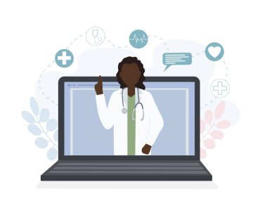 Siyahi bir Amerikalı kadın doktor bilgisayarındaki ekranda bir hastayla konuşuyor. Tıbbi muayeneler, sınavlar, tedavi, hizmetler, sağlık hizmetleri, online konferans. Klinik web sitesi, uygulama için. Vektör düzlüğü