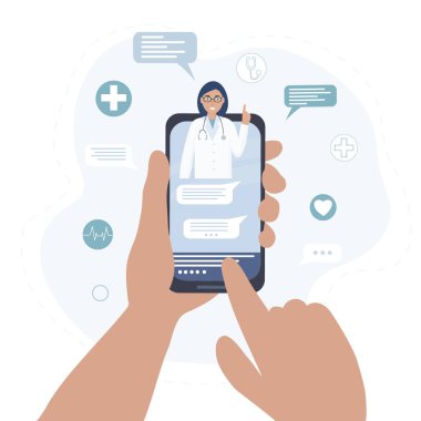 Cep telefonu ekranındaki doktor hastayla internette konuşuyor. Video iletişimi ve mesajlar. Tıbbi muayeneler, sınavlar, tedavi, hizmetler, sağlık hizmetleri, konferanslar çevrimiçi. Klinik web sitesi, uygulama