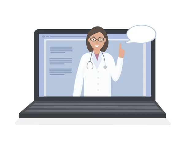 노트북 화면에 청진기를 의사가 온라인으로 환자와 이야기를 나누고 있습니다 컨설팅 — 스톡 벡터