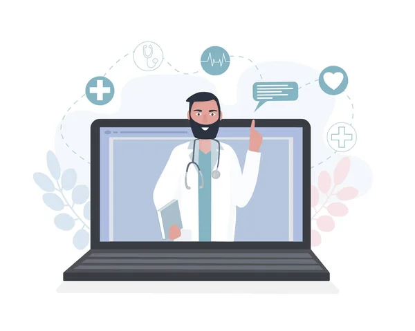 노트북 화면에 청진기를 갖고 있는 의사가 온라인으로 환자와 이야기를 나누고 있습니다. 의료 컨설팅, 시험, 치료, 서비스, 건강 관리, 온라인상의 회의 — 스톡 벡터