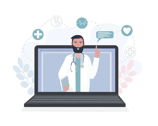 Bilgisayarında steteskop olan bir doktor hastasıyla internette konuşuyor. Tıbbi istişareler, sınavlar, tedavi, hizmetler, sağlık hizmetleri, konferans çevrimiçi