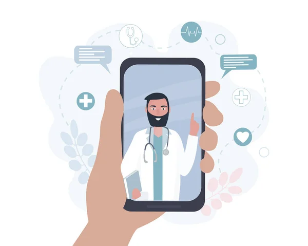 Cep telefonu ekranındaki doktor hastayla internette konuşuyor. Video iletişimi ve mesajlar. Tıbbi muayeneler, sınavlar, tedavi, hizmetler, sağlık hizmetleri, konferanslar çevrimiçi. Klinik web sitesi, uygulama