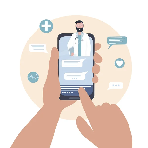 Cep telefonu ekranındaki doktor hastayla internette konuşuyor. Video iletişimi ve mesajlar. Tıbbi muayeneler, sınavlar, tedavi, hizmetler, sağlık hizmetleri, konferanslar çevrimiçi. Klinik web sitesi, uygulama