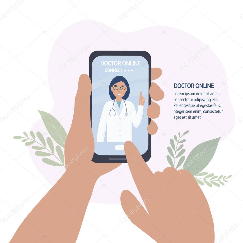 The doctor on the cell phone screen talks online with the patient. Video communication and messages. Medical consultations, exams, treatment, services, health care, conferences online. for clinic website, app