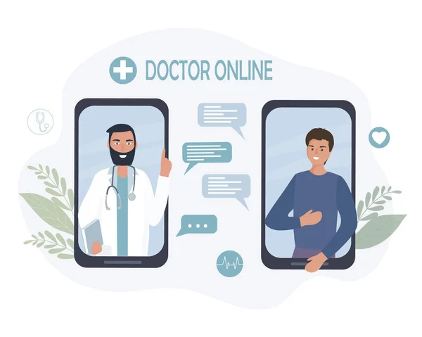 온라인 상담과 전화를 사용하여 의사와 이야기를 나누는 사람은 비디오 전화와 — 스톡 벡터