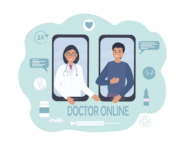 Medicinsk Konsultation Och Vård Online Person Talar Med Läkare Mobiltelefon — Stock vektor