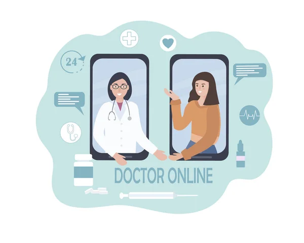 Konsultasi Dan Perawatan Medis Online Seseorang Berbicara Dengan Dokter Ponsel - Stok Vektor