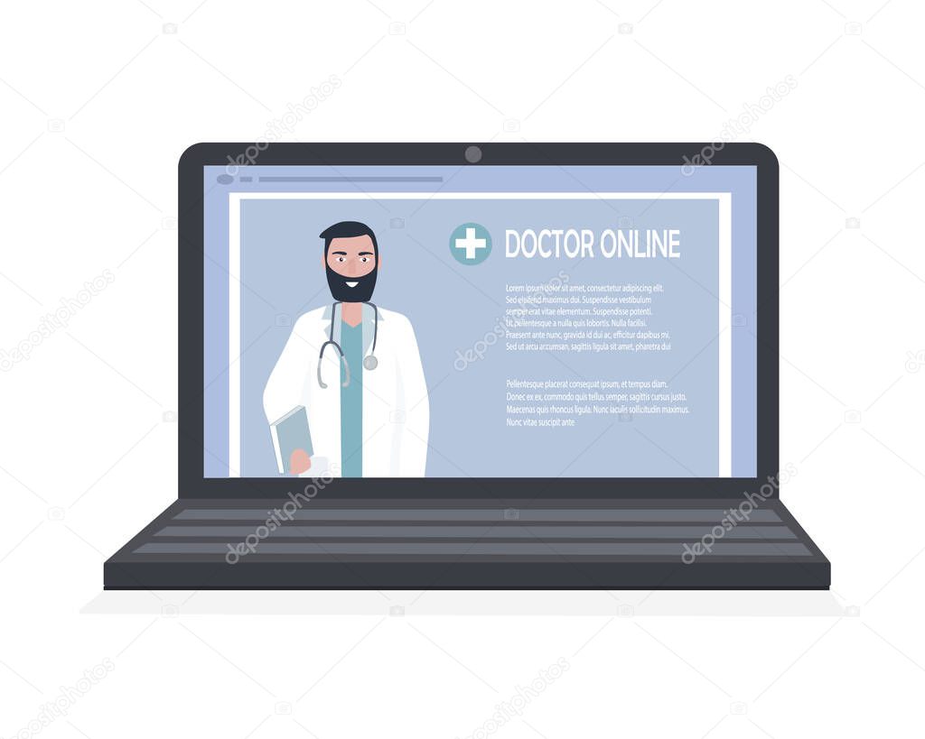 A doctor with a stethoscope on a laptop screen talks to a patient online. Medical consultations, exams, treatment, services, health care, conference online. for clinic website, app. Vector flat