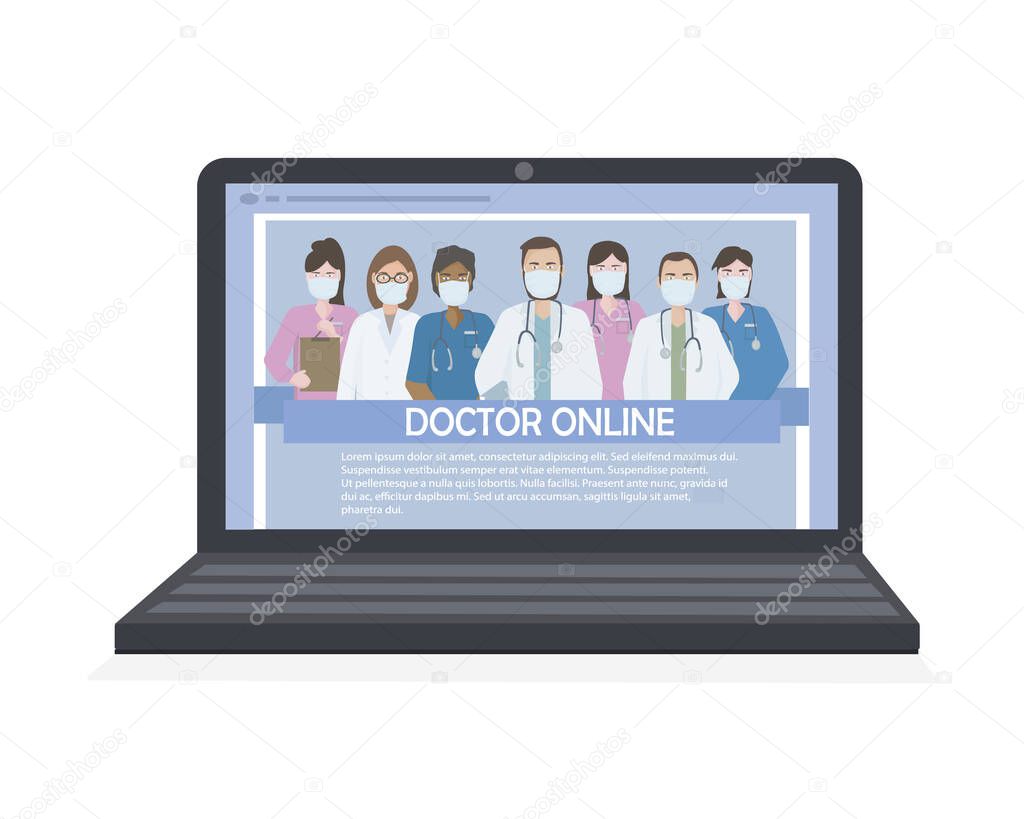 A team of experienced doctors on your laptop screen. Providing consultations, exams and treatment online. Telemedicine, remote communication between patient and doctor. For clinic website, app. Vector