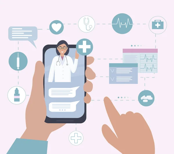 Doktor hatta. Telefon hastanın ellerindeydi. Danışmanlık, teşhis, tedavi ve internet üzerinden yapılan video görüşmeleri. Teletıp, hızlı uzaktan tıbbi yardım. Vektör