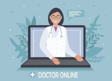 Bilgisayarında steteskop olan bir doktor hastasıyla internette konuşuyor. Tıbbi muayeneler, sınavlar, tedavi, hizmetler, sağlık hizmetleri, online konferans. Klinik web sitesi, uygulama için. Vektör düzlüğü