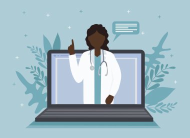 Siyahi bir Amerikalı kadın doktor bilgisayarındaki ekranda bir hastayla konuşuyor. Tıbbi muayeneler, sınavlar, tedavi, hizmetler, sağlık hizmetleri, online konferans. Klinik web sitesi, uygulama için. Vektör düzlüğü