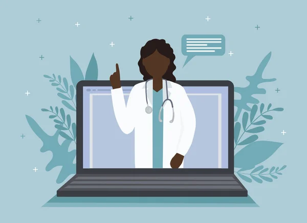 Czarna Amerykańska Lekarka Rozmawia Pacjentem Ekranie Laptopa Konsultacje Lekarskie Egzaminy — Wektor stockowy