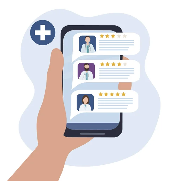 Gezici bir uygulama üzerinden doktor seçmek. Online tıbbi konsültasyon ve tanı. Doktorları hizmet ve değerlendirmelerle değerlendirmek. Tıbbi bakım için bir uzman bul. Vektör
