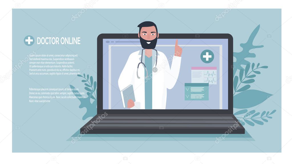A doctor with a stethoscope on a laptop screen talks to a patient online. Medical consultations, exams, treatment, services, health care, conference online. Vector Web banner design template